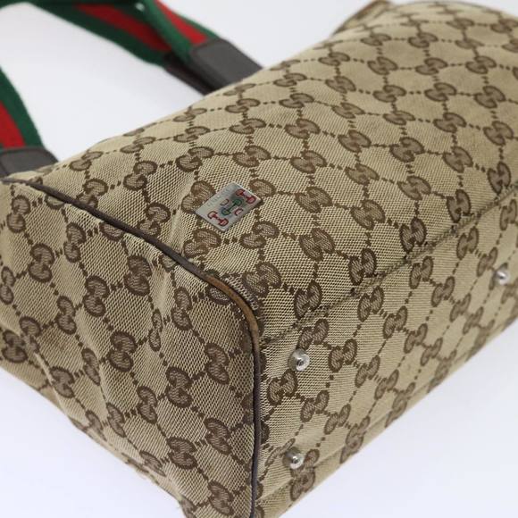 GUCCI GG Canvas Web Sherry Line Hand Bag Canvas Leather Beige Green Auth 53681 - Picture 16 of 16